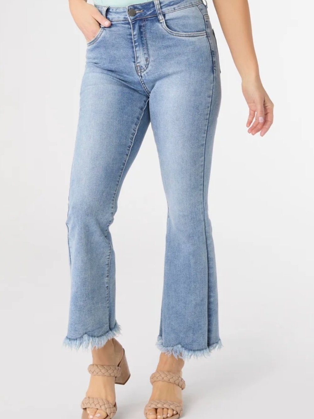 Loft Women Blue Denim Jeans Size 14 Petite Straight High Rise Fringe Leg